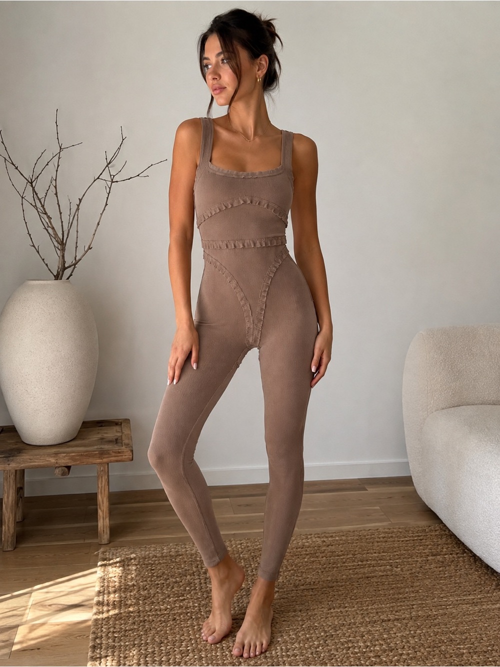 Daisy Women’s Medium Ribbed Unitard Jumpsuit Taupe Brown Stretch Flare Leg